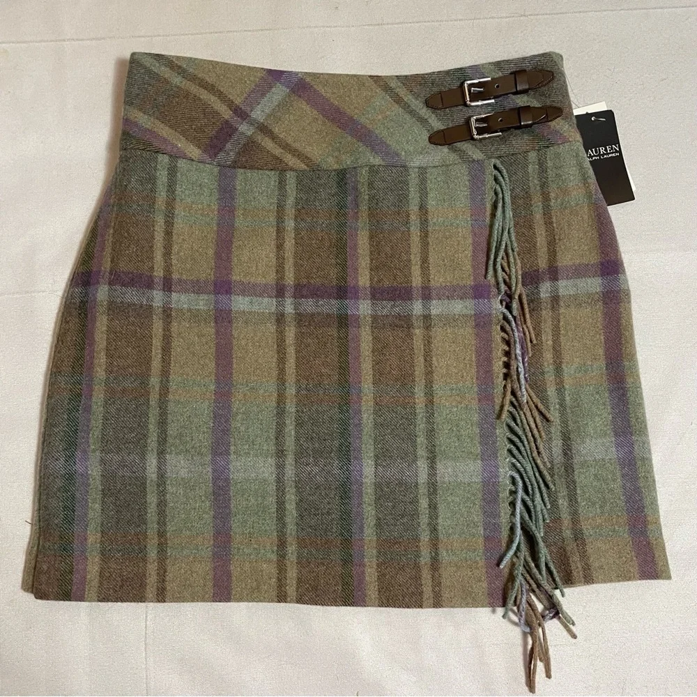 NWT New $225 Ralph Lauren Wool Plaid Fringe-Trim Tweed Mini Skirt Size 14